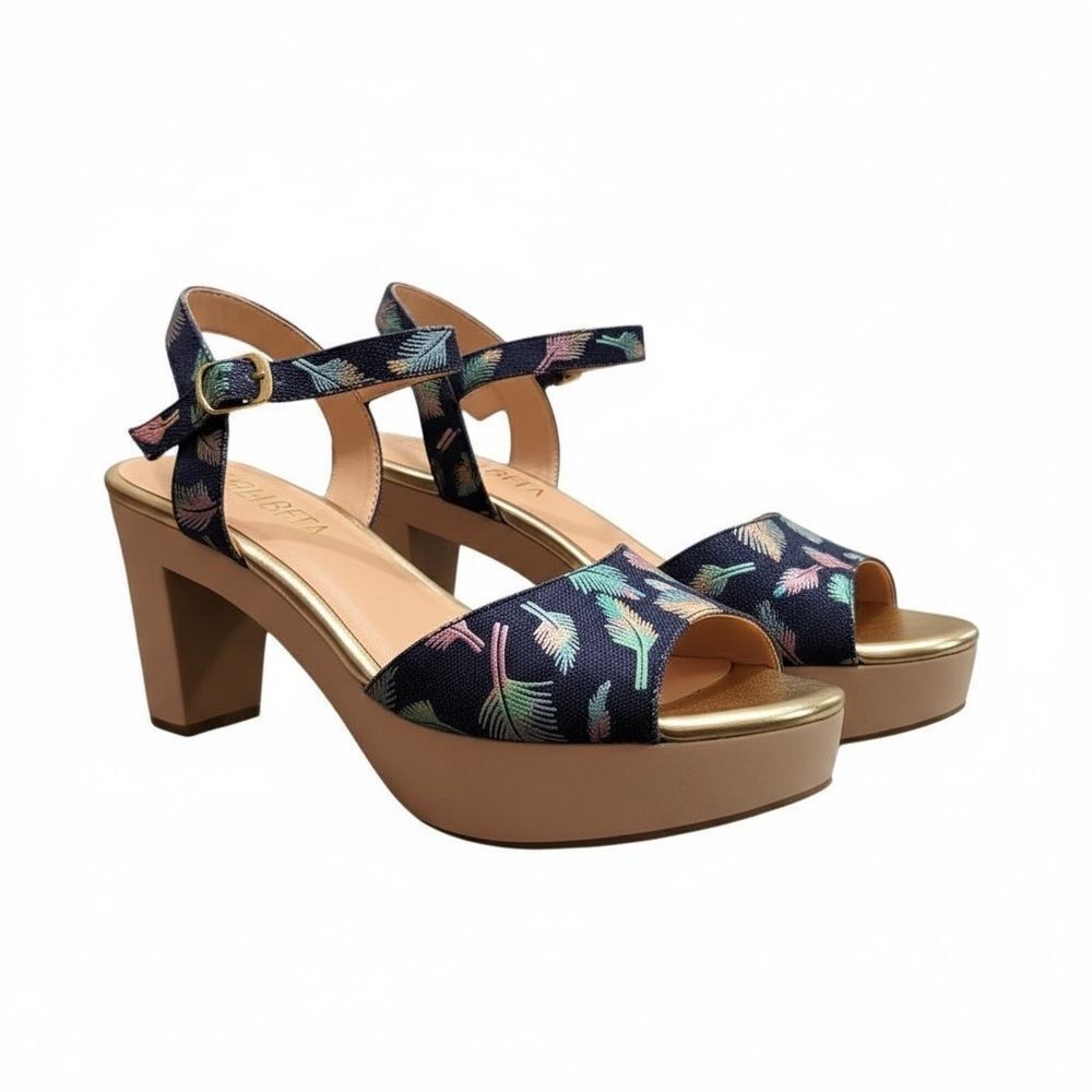 Billy Ella Rainbow Metallic Feather Wood Heel Sandals